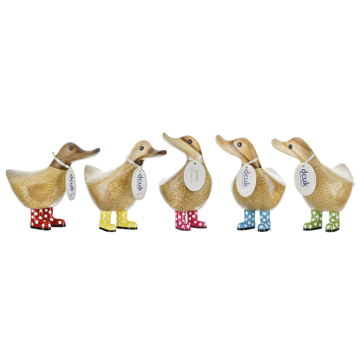 wooden duck with yellow wellies