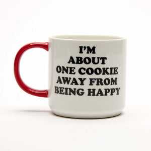 snoopy i'm about one cookie away from being happy mug